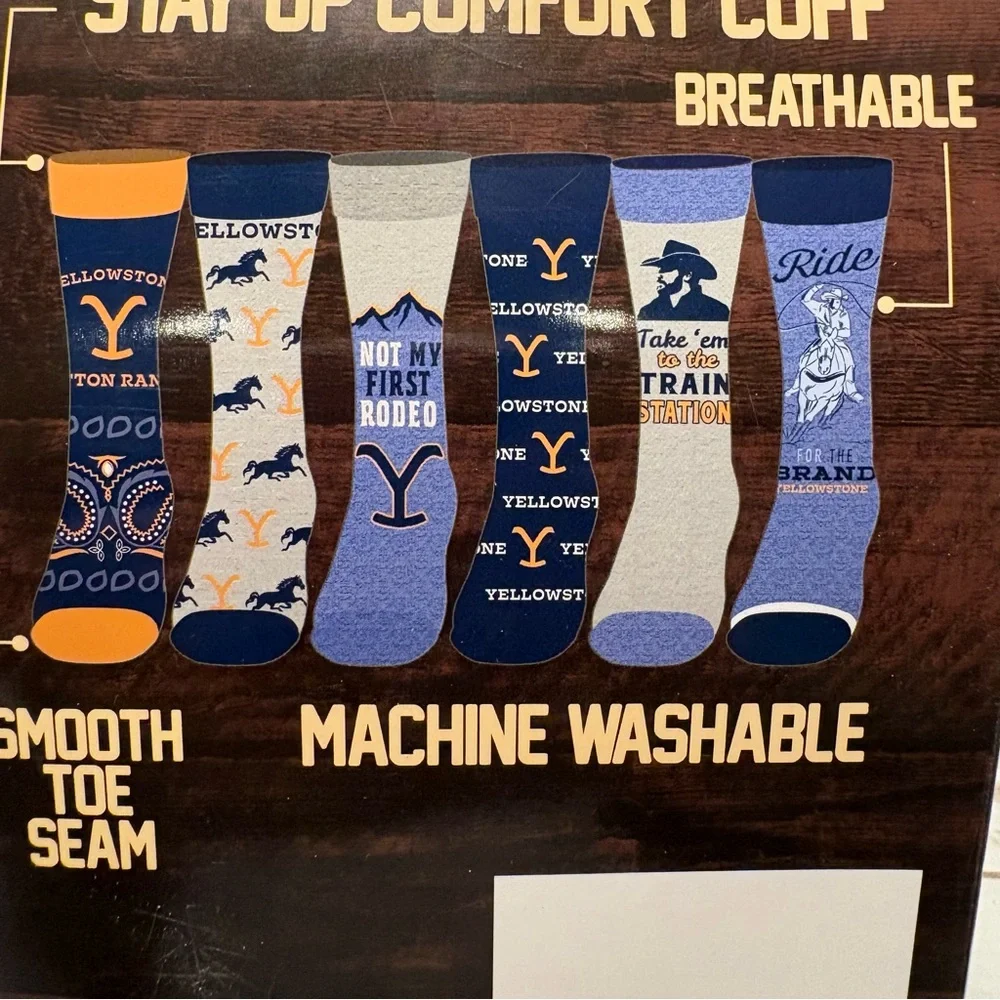 YELLOWSTONE Casual Crew Socks 6‎ Pair Unisex NIB Men 7-12 Women 8-13